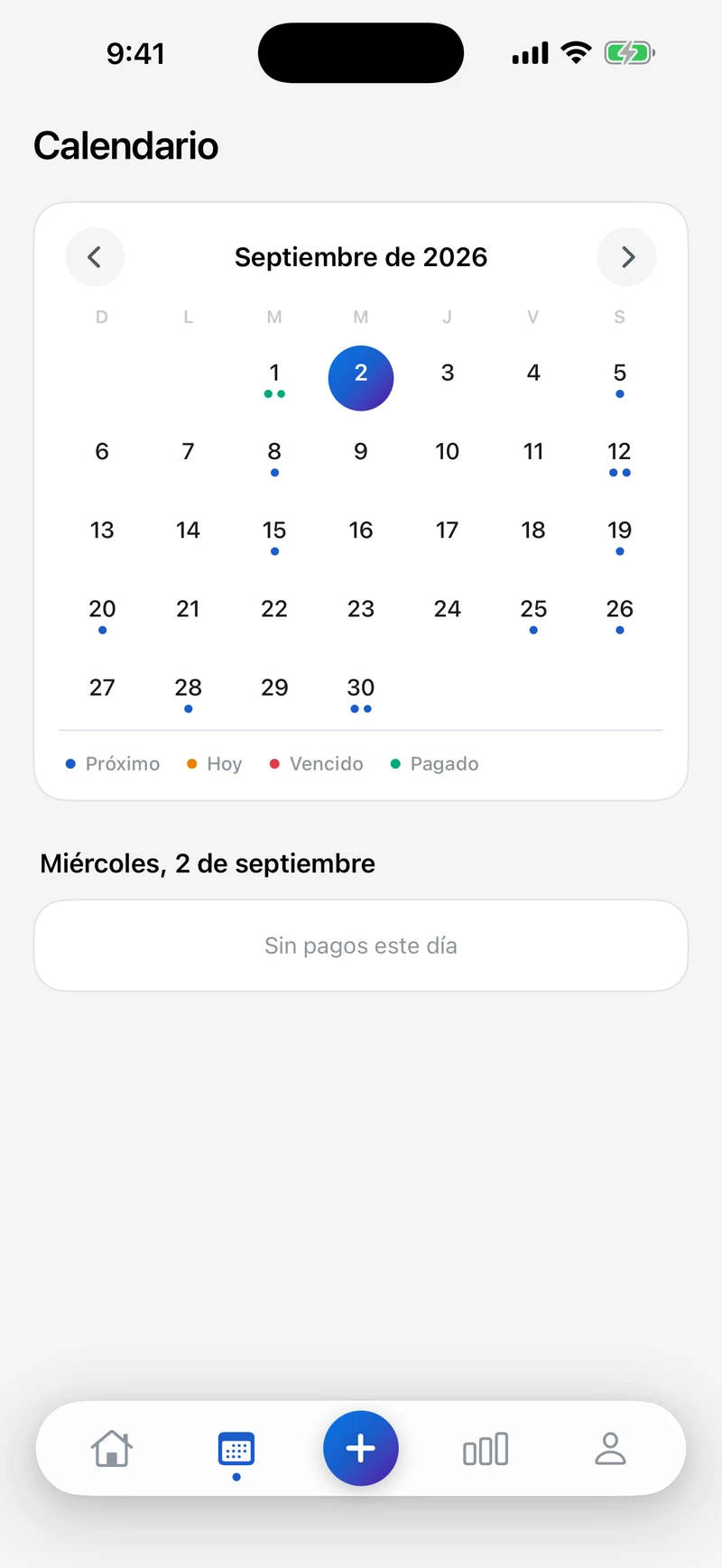 Calendario de Billio con los días del mes marcados con un punto según el estado de cada pago: próximo, hoy, vencido o pagado.