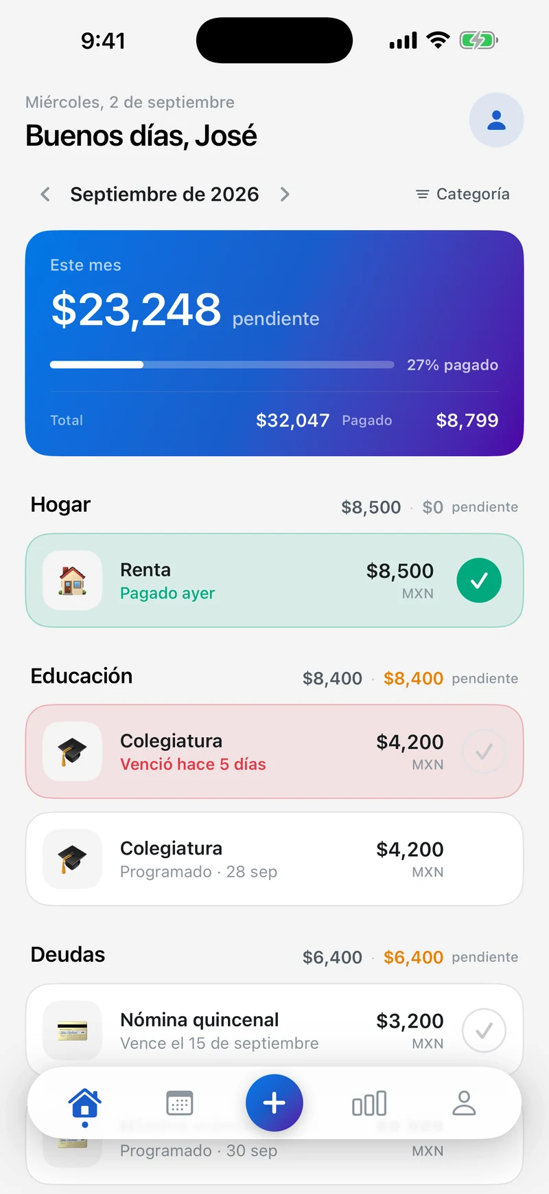 Inicio agrupado por categoría, con el subtotal de cada una y los cargos ya pagados marcados en verde.